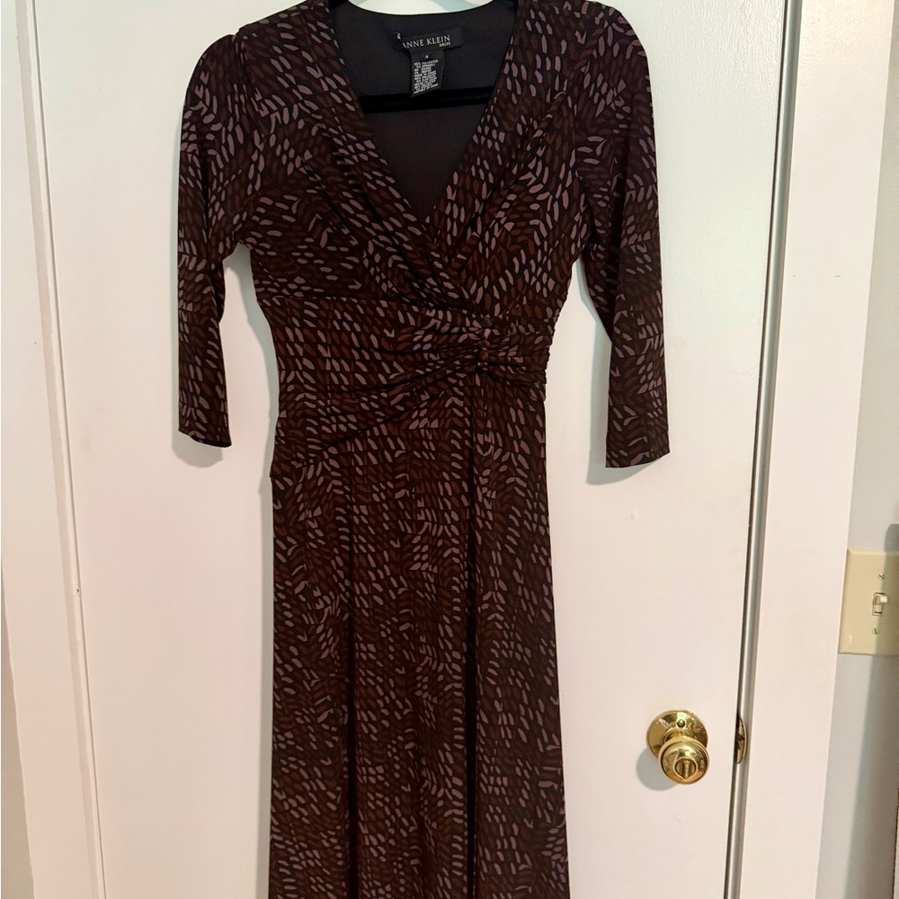 Anne Klein Brown Printed Faux-Wrap Midi Dress with Subtle Pattern